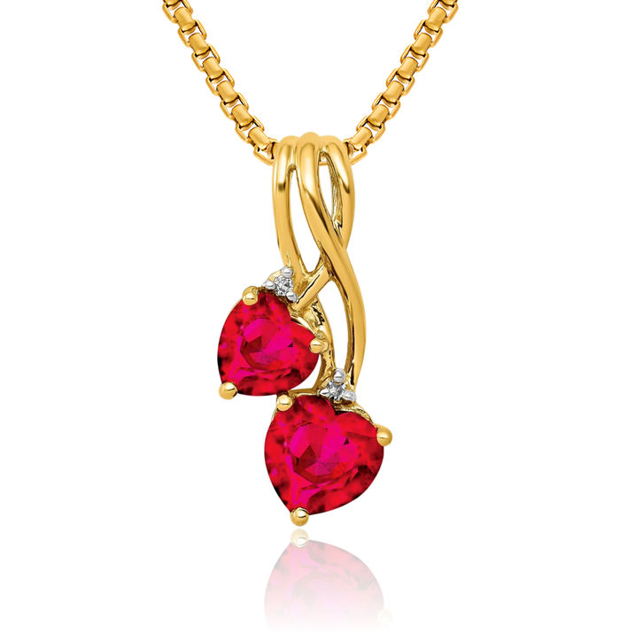 14K Solid Yellow Gold Lab Red Ruby Diamond Double Heart Necklace Charm Gemstone Pendant