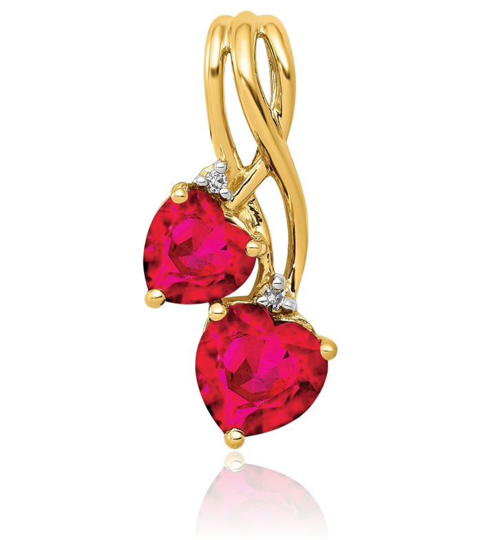 14K Solid Yellow Gold Lab Red Ruby Diamond Double Heart Necklace Charm Gemstone Pendant