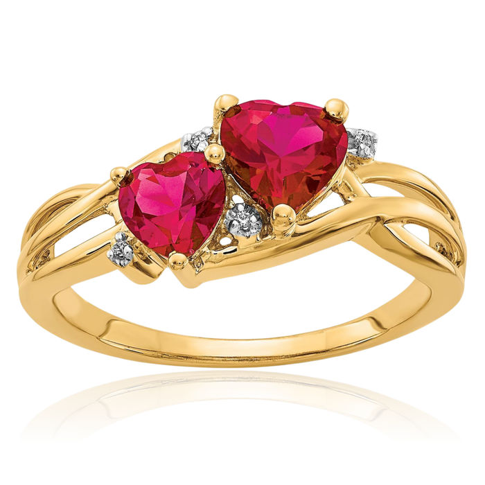 14K Solid Yellow Gold Lab Red Ruby Diamond Double Heart Ring Love Band July Birthstone Jewelry