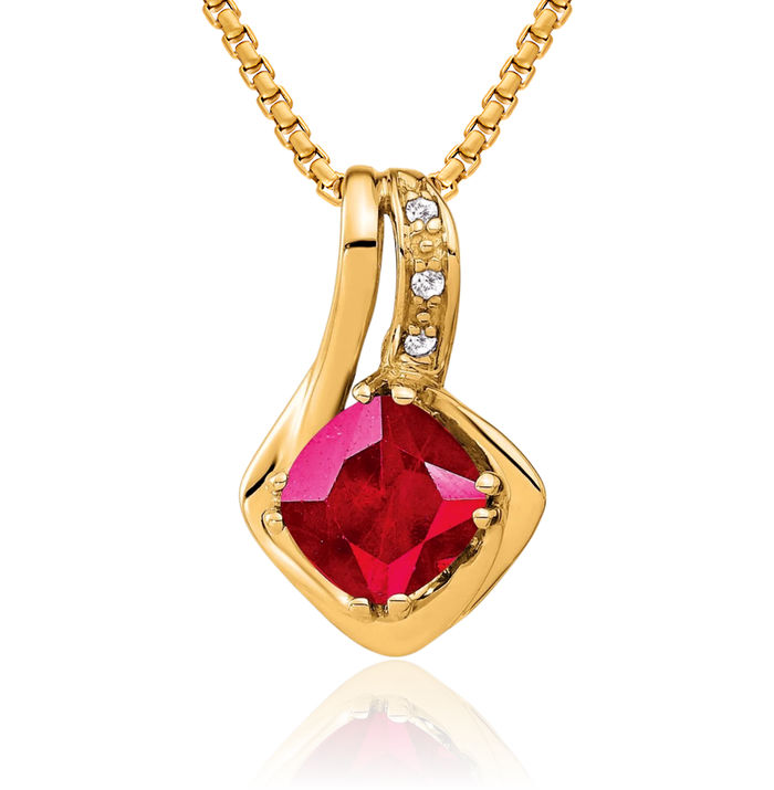 14K Solid Yellow Gold Lab Red Ruby Diamond Floating Chain Slide Gemstone Pendant Necklace Charm