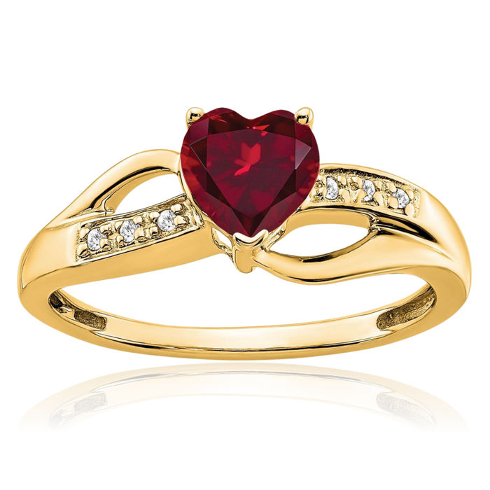 14K Solid Yellow Gold Lab Red Ruby Diamond Heart Ring Love Band July Birthstone Jewelry