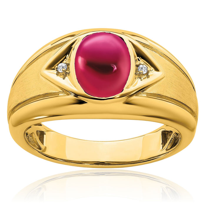 14K Solid Yellow Gold Lab Red Ruby Diamond Mens Ring