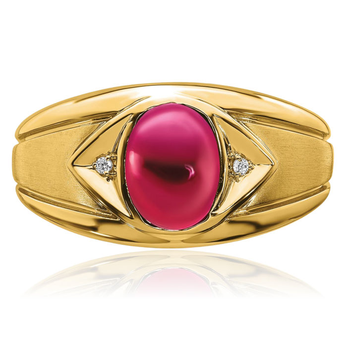 14K Solid Yellow Gold Lab Red Ruby Diamond Mens Ring