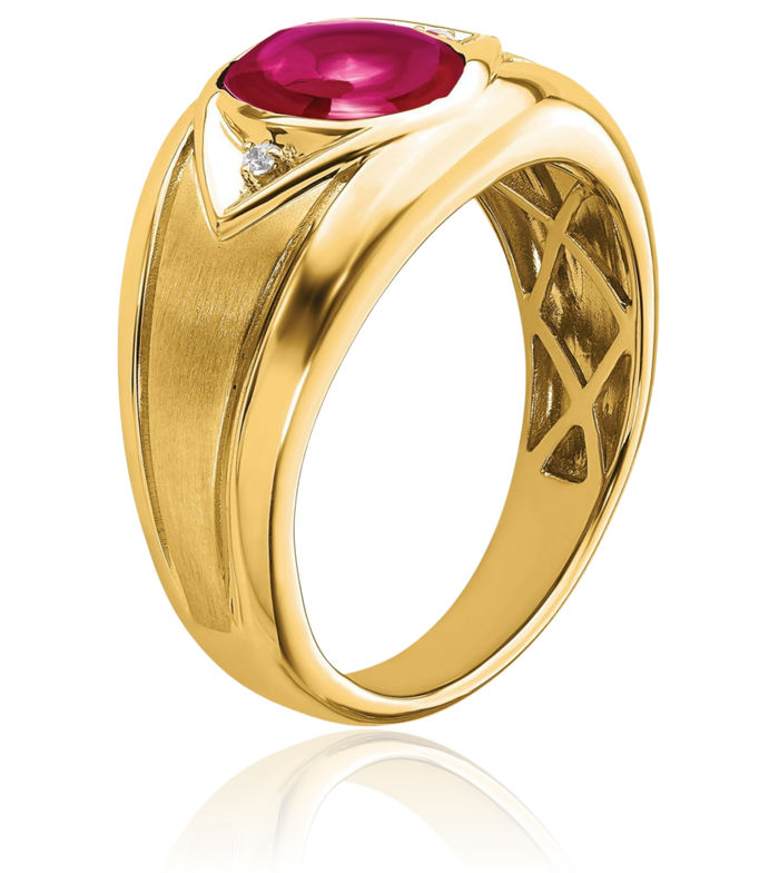 14K Solid Yellow Gold Lab Red Ruby Diamond Mens Ring