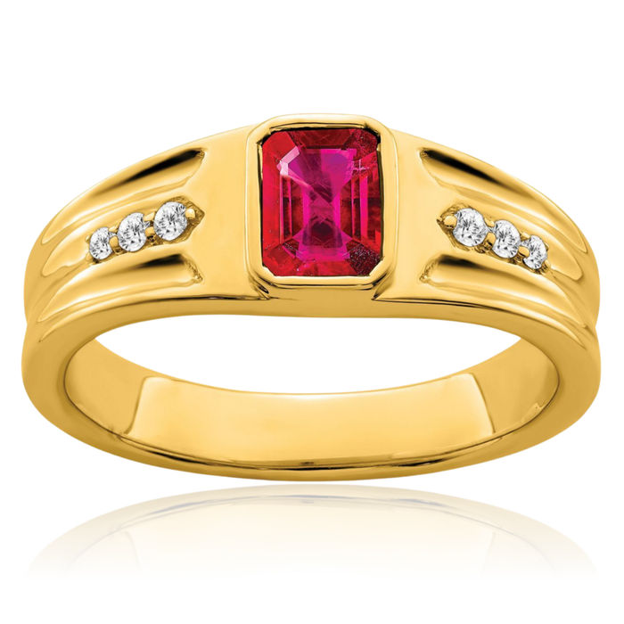 14K Solid Yellow Gold Lab Red Ruby Diamond Mens Ring