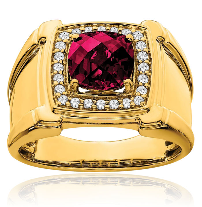 14K Solid Yellow Gold Lab Red Ruby Diamond Mens Ring