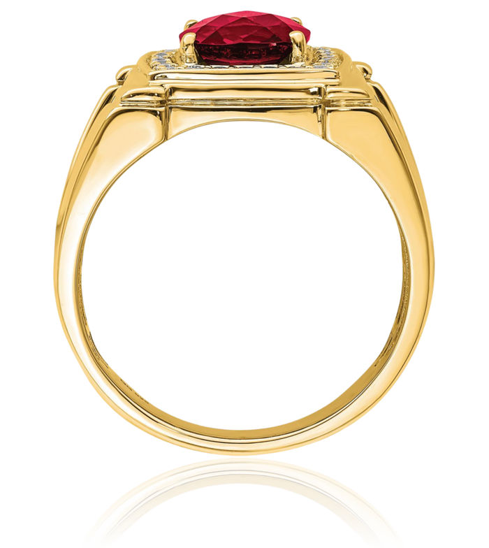 14K Solid Yellow Gold Lab Red Ruby Diamond Mens Ring