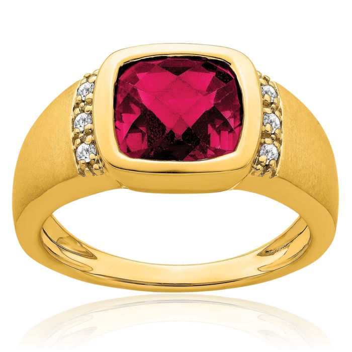 14K Solid Yellow Gold Lab Red Ruby Diamond Mens Ring July Birthstone Jewelry