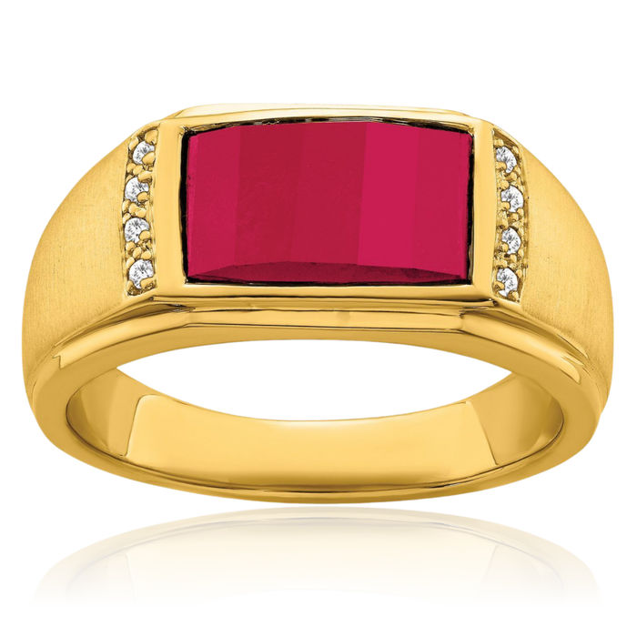 14K Solid Yellow Gold Lab Red Ruby Diamond Mens Ring July Birthstone Jewelry