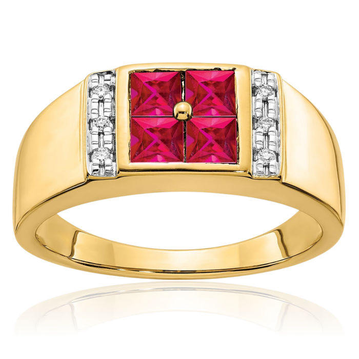 14K Solid Yellow Gold Lab Red Ruby Diamond Mens Ring