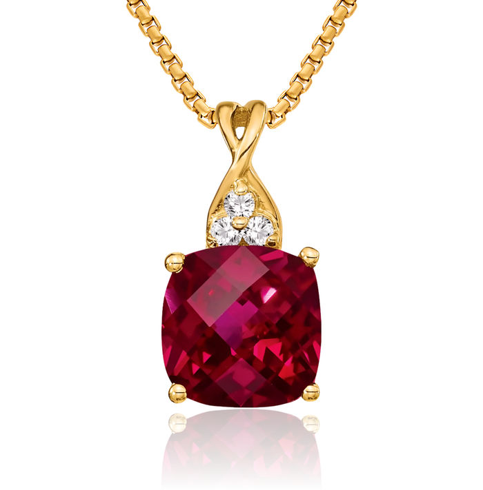 14K Solid Yellow Gold Lab Red Ruby Diamond Necklace Charm Gemstone Pendant July Birthstone Jewelry