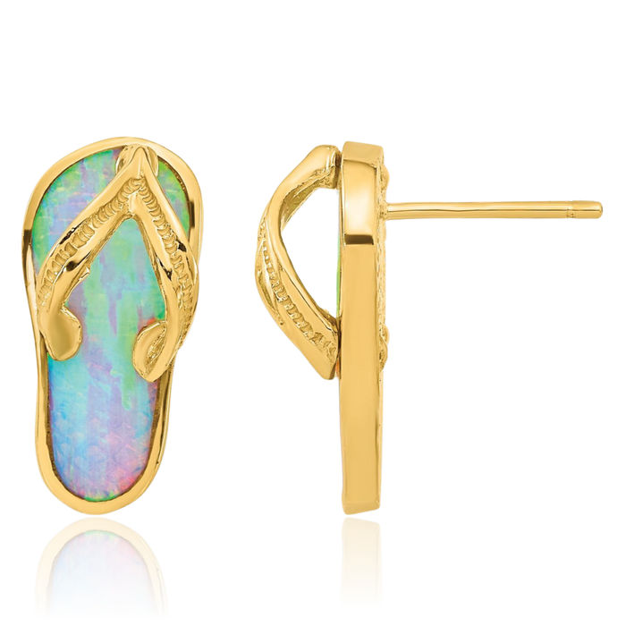 14K Solid Yellow Gold Lab White Opal Hawaiian Flip Flop Sandals Stud Earrings