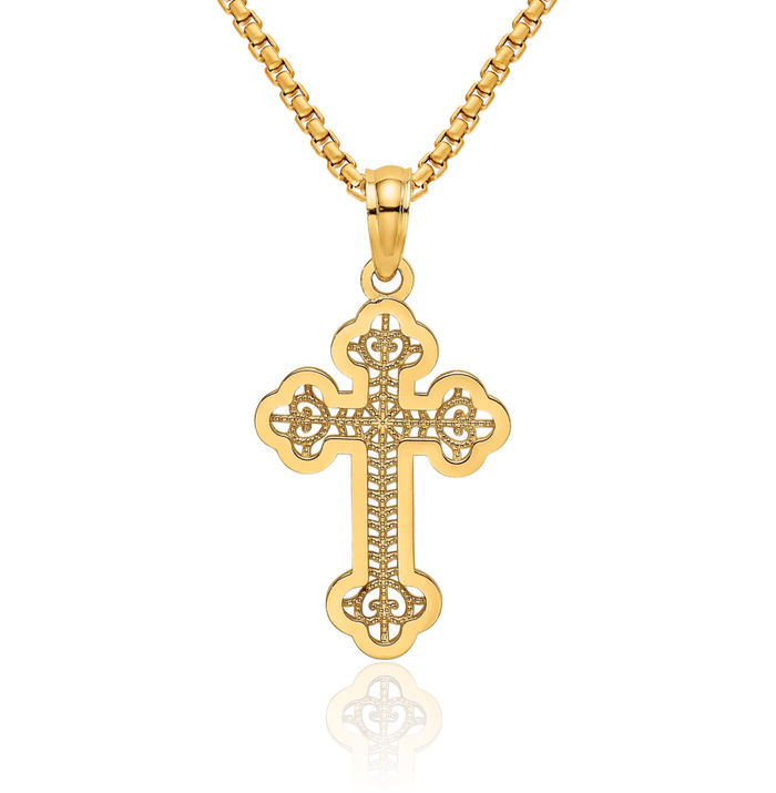 14K Solid Yellow Gold Lace Budded Holy Cross Necklace Religious Chain Pendant Jesus Christ Christian Charm