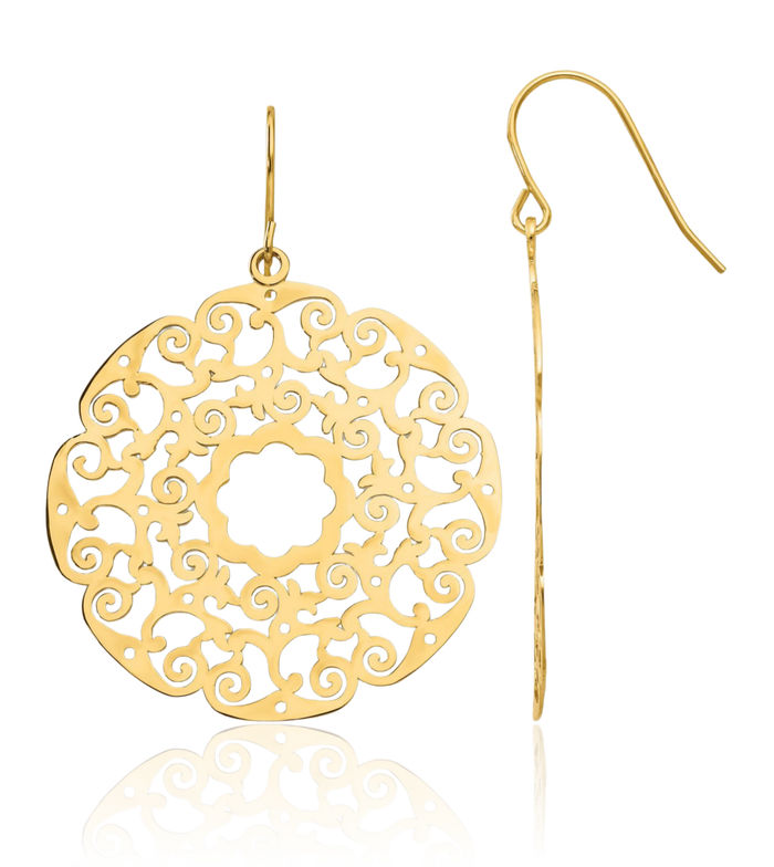 14K Solid Yellow Gold Lace Antique Filigree Drop Dangle Earrings