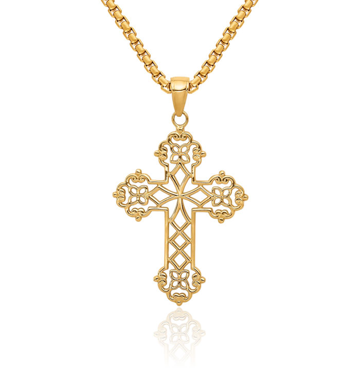 14K Solid Yellow Gold Lacey Budded Holy Cross Necklace Religious Chain Pendant Jesus Christ Christian Charm