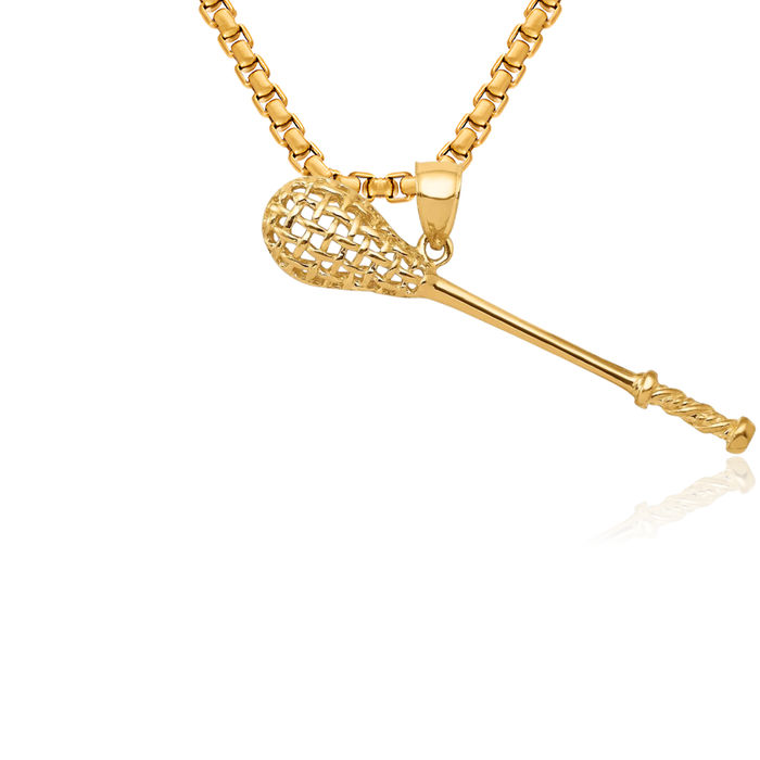 14K Solid Yellow Gold Lacrosse Stick Necklace Charm Sports Pendant