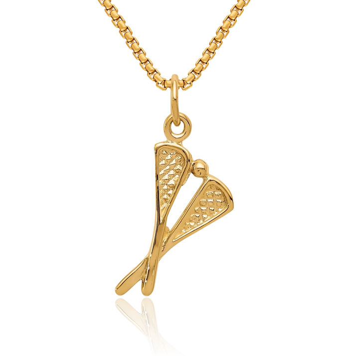 14K Solid Yellow Gold Lacrosse Sticks Necklace Charm Sports Pendant