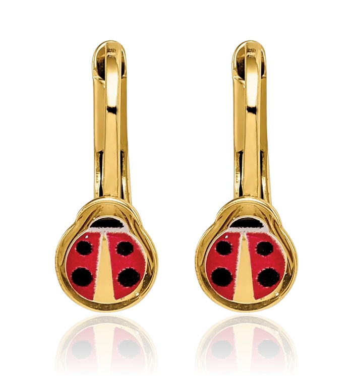14K Solid Yellow Gold Ladybug Drop Dangle Earrings