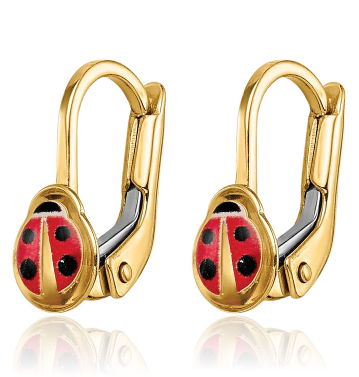 14K Solid Yellow Gold Ladybug Drop Dangle Earrings