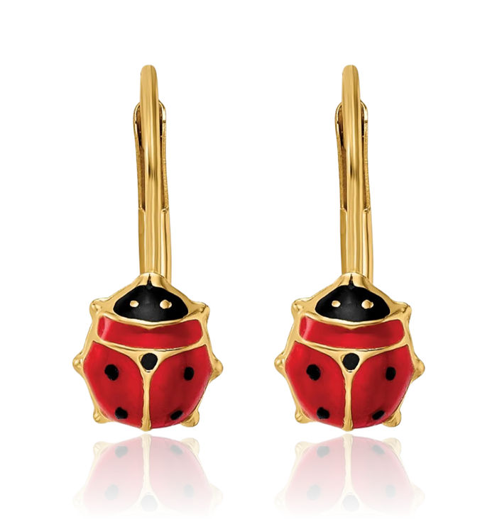 14K Solid Yellow Gold Ladybug Drop Dangle Earrings