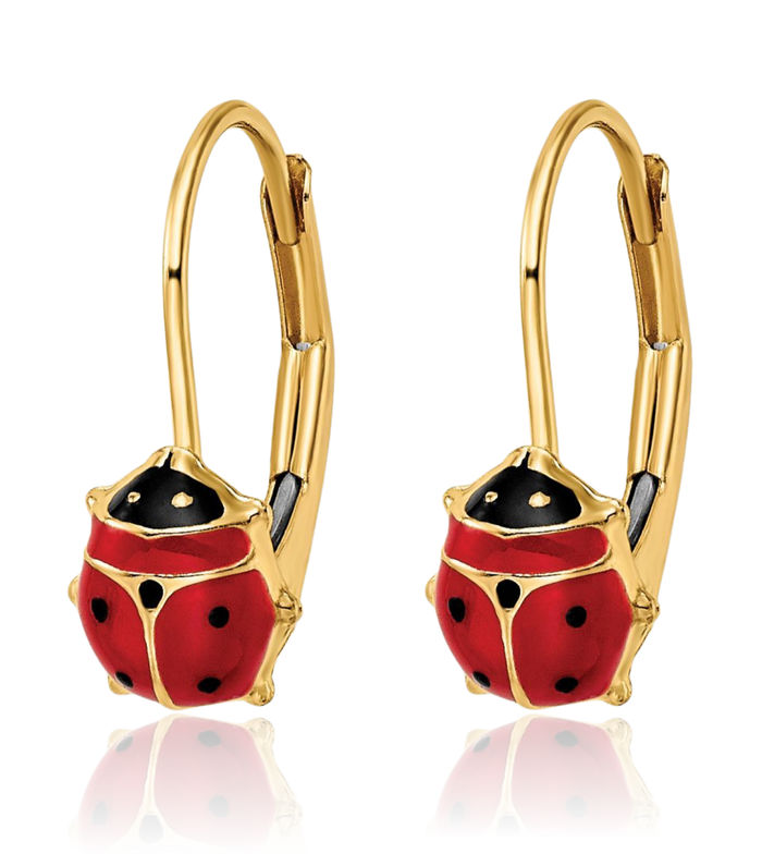 14K Solid Yellow Gold Ladybug Drop Dangle Earrings