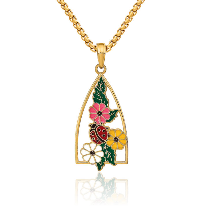 14K Solid Yellow Gold Ladybug Flowers Triangle Necklace Chain Pendant Charm