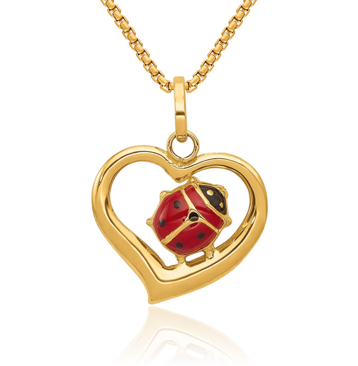 14K Solid Yellow Gold Ladybug Heart Necklace Love Pendant Charm