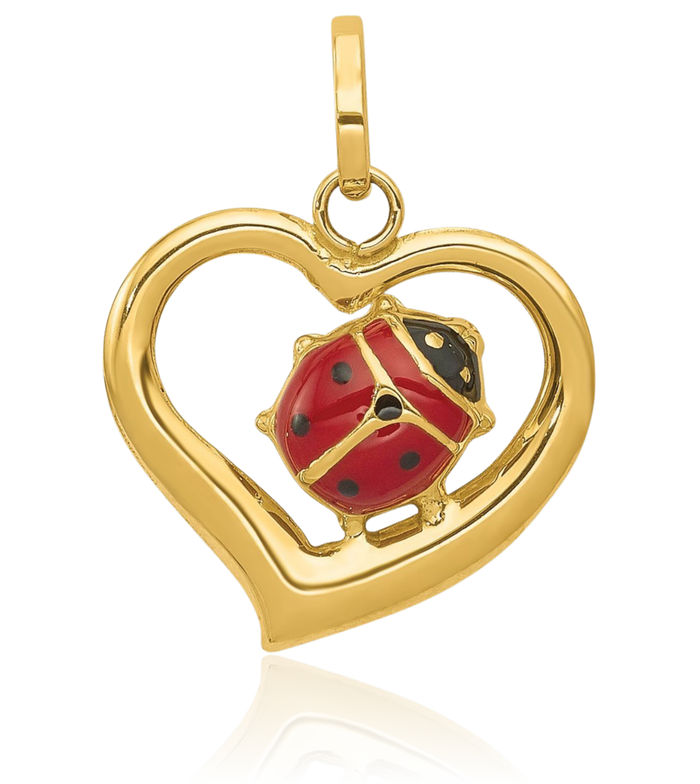 14K Solid Yellow Gold Ladybug Heart Necklace Love Pendant Charm