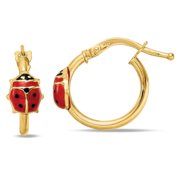 14K Solid Yellow Gold Ladybug Post Huggie Small Hoop Earrings