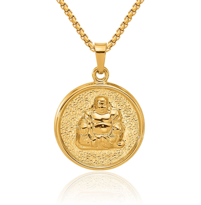 14K Solid Yellow Gold Laughing Buddha Necklace Tibetan Amitabha Aum Chain Pendant Ohm Spiritual Jewelry Om Symbol Buddhist