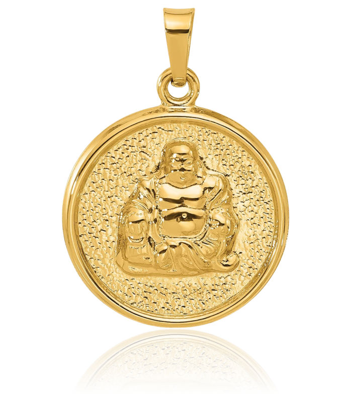 14K Solid Yellow Gold Laughing Buddha Necklace Tibetan Amitabha Aum Chain Pendant Ohm Spiritual Jewelry Om Symbol Buddhist