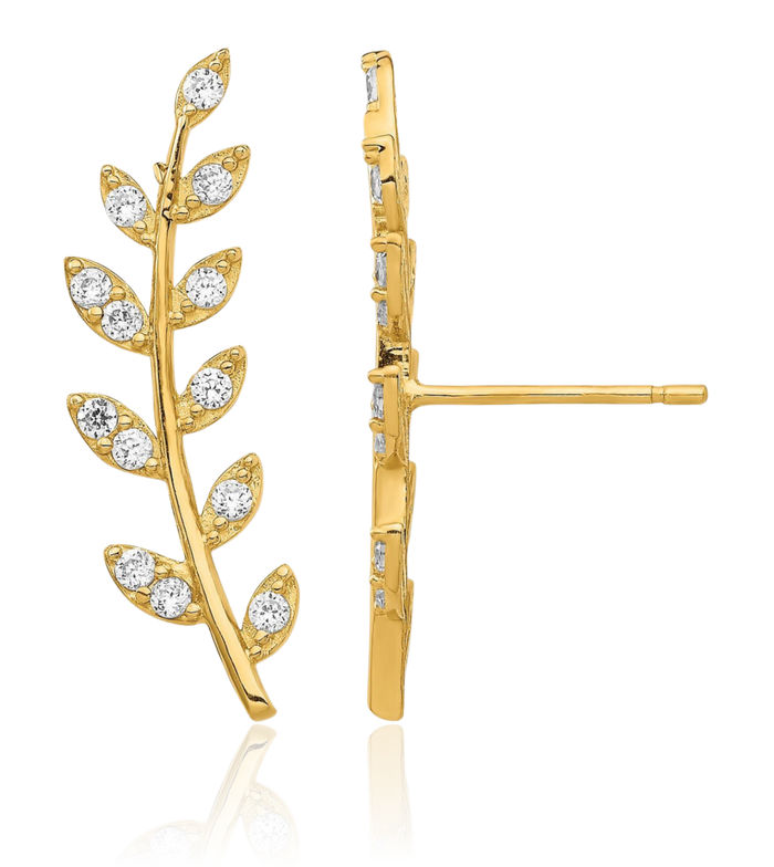 14K Solid Yellow Gold Leaf Cubic Zirconia CZ Fern Ear Climber Earrings