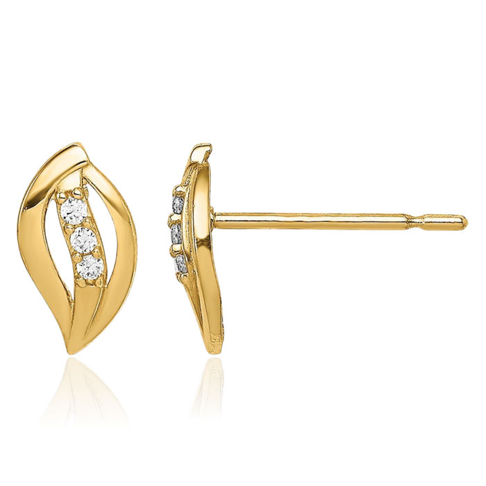 14K Solid Yellow Gold Leaf Cubic Zirconia CZ Stud Earrings