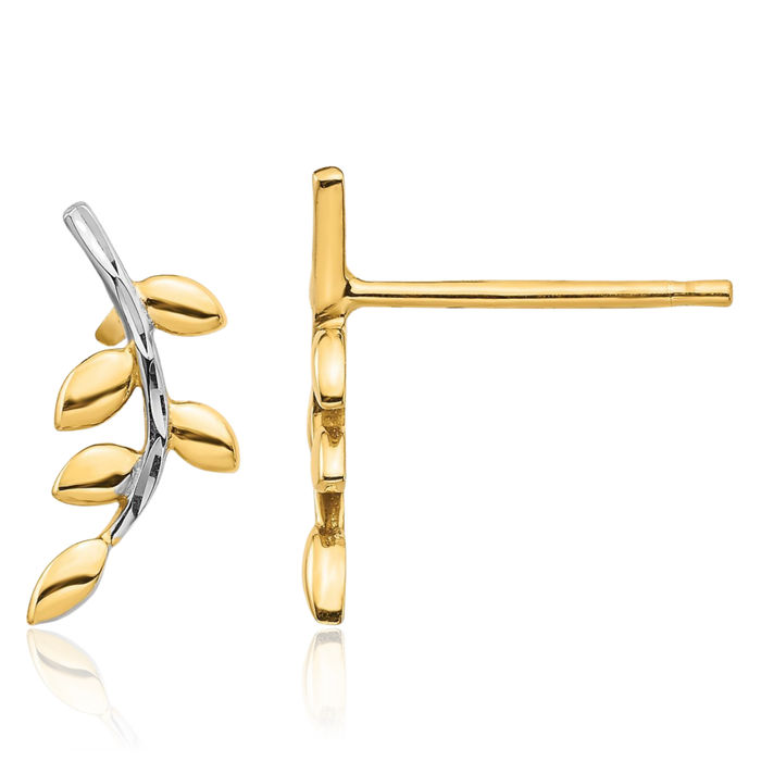 14K Solid Yellow Gold Leaf White Stud Earrings