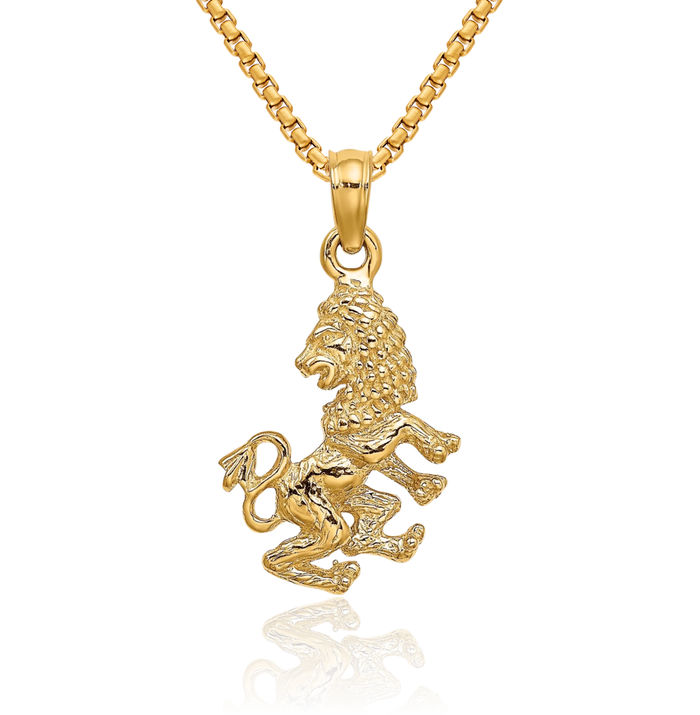 14K Solid Yellow Gold Leo Zodiac Necklace Lion Head Horoscope Pendant July August Birthday Charm Astrology Jewelry
