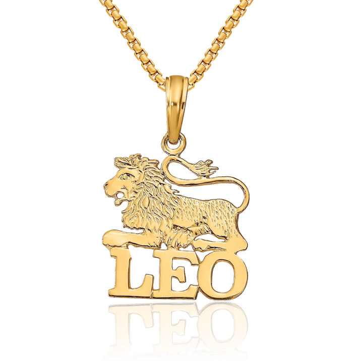 14K Solid Yellow Gold Leo Zodiac Necklace Lion Head Horoscope Pendant July August Birthday Charm Astrology Jewelry