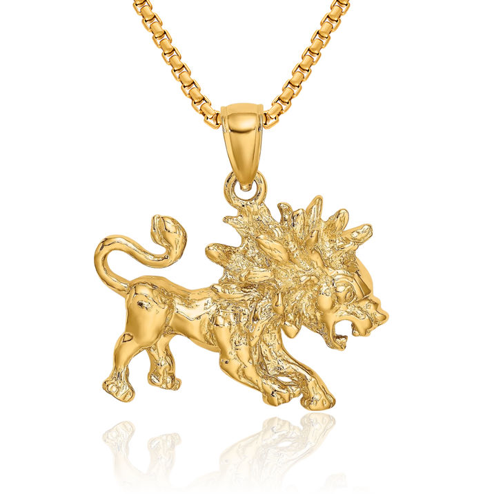 14K Solid Yellow Gold Leo Zodiac Necklace Lion Head Horoscope Pendant July August Birthday Charm Astrology Jewelry