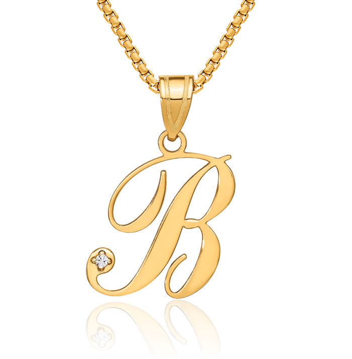 14K Solid Yellow Gold Dainty Letter B Initial Name Monogram Necklace Chain Pendant Charm Diamond