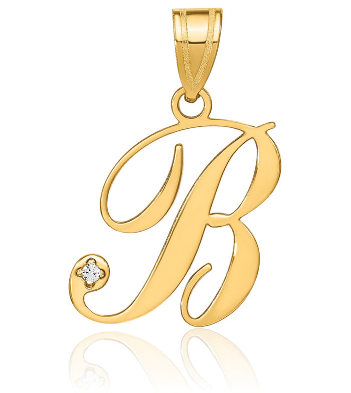 14K Solid Yellow Gold Dainty Letter B Initial Name Monogram Necklace Chain Pendant Charm Diamond