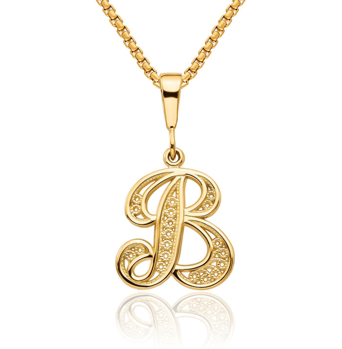 14K Solid Yellow Gold Dainty Letter B Initial Name Monogram Necklace Chain Pendant Charm