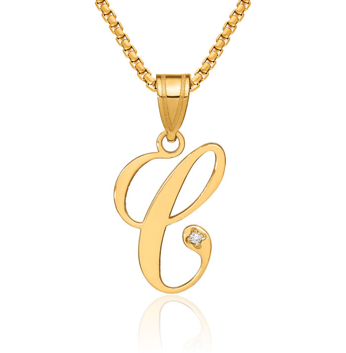 14K Solid Yellow Gold Dainty Letter C Initial Name Monogram Necklace Chain Pendant Charm Diamond