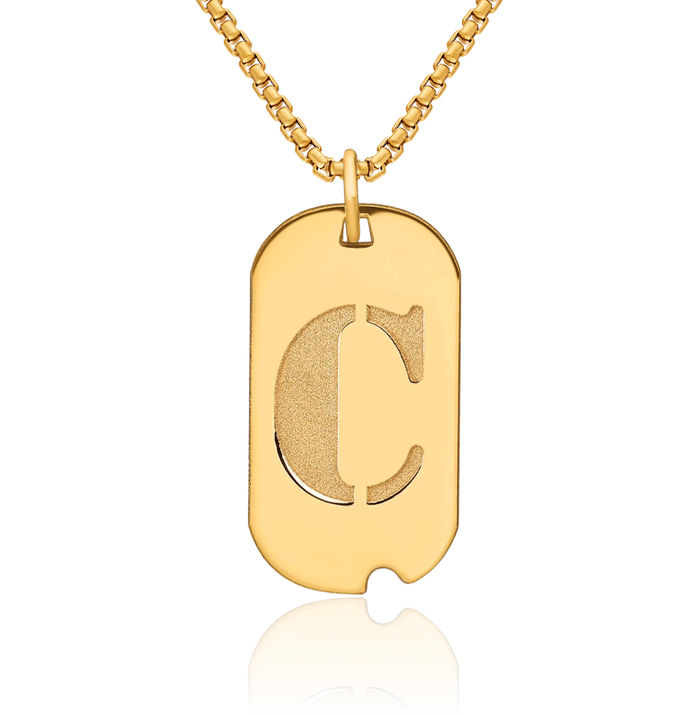 14K Solid Yellow Gold Dainty Letter C Initial Name Monogram Dog Tag Necklace Chain Pendant Charm