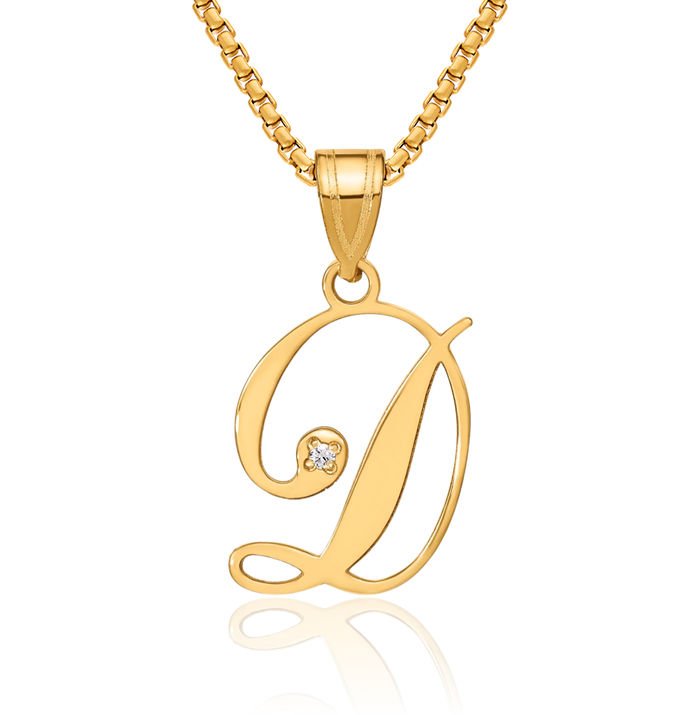 14K Solid Yellow Gold Dainty Letter D Initial Name Monogram Necklace Chain Pendant Charm Diamond