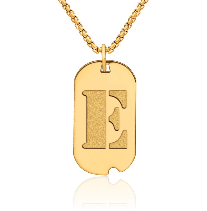 14K Solid Yellow Gold Dainty Letter E Initial Name Monogram Dog Tag Necklace Chain Pendant Charm