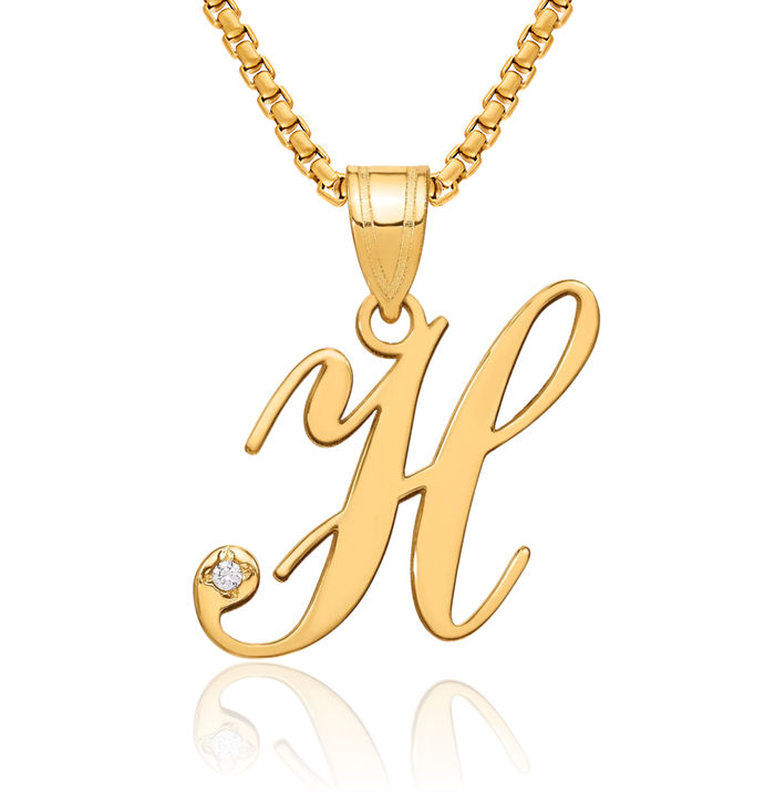 14K Solid Yellow Gold Dainty Letter H Initial Name Monogram Necklace Chain Pendant Charm Diamond
