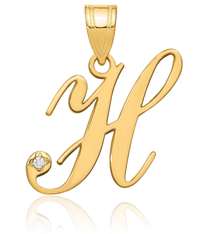 14K Solid Yellow Gold Dainty Letter H Initial Name Monogram Necklace Chain Pendant Charm Diamond
