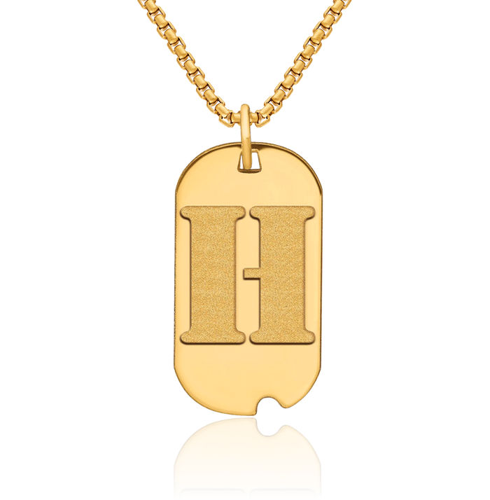 14K Solid Yellow Gold Dainty Letter H Initial Name Monogram Dog Tag Necklace Chain Pendant Charm