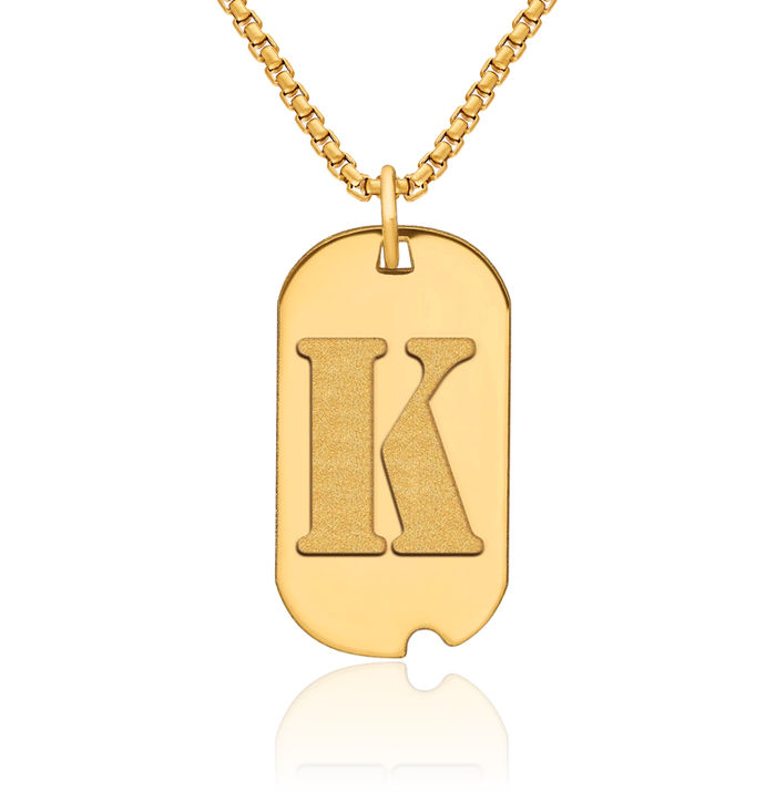 14K Solid Yellow Gold Dainty Letter K Initial Name Monogram Dog Tag Necklace Chain Pendant Charm