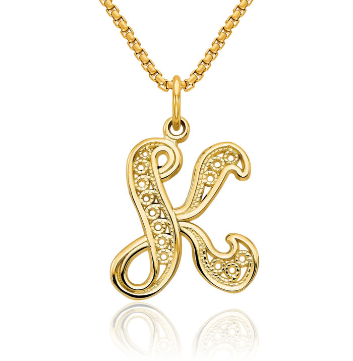 14K Solid Yellow Gold Dainty Letter K Initial Name Monogram Necklace Chain Pendant Charm