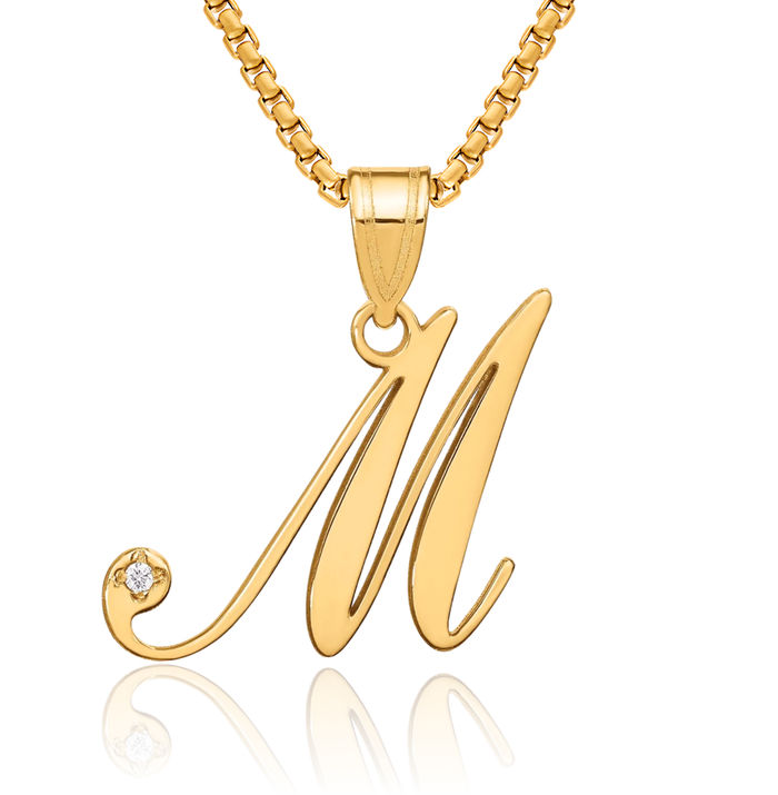14K Solid Yellow Gold Dainty Letter M Initial Name Monogram Necklace Chain Pendant Charm Diamond